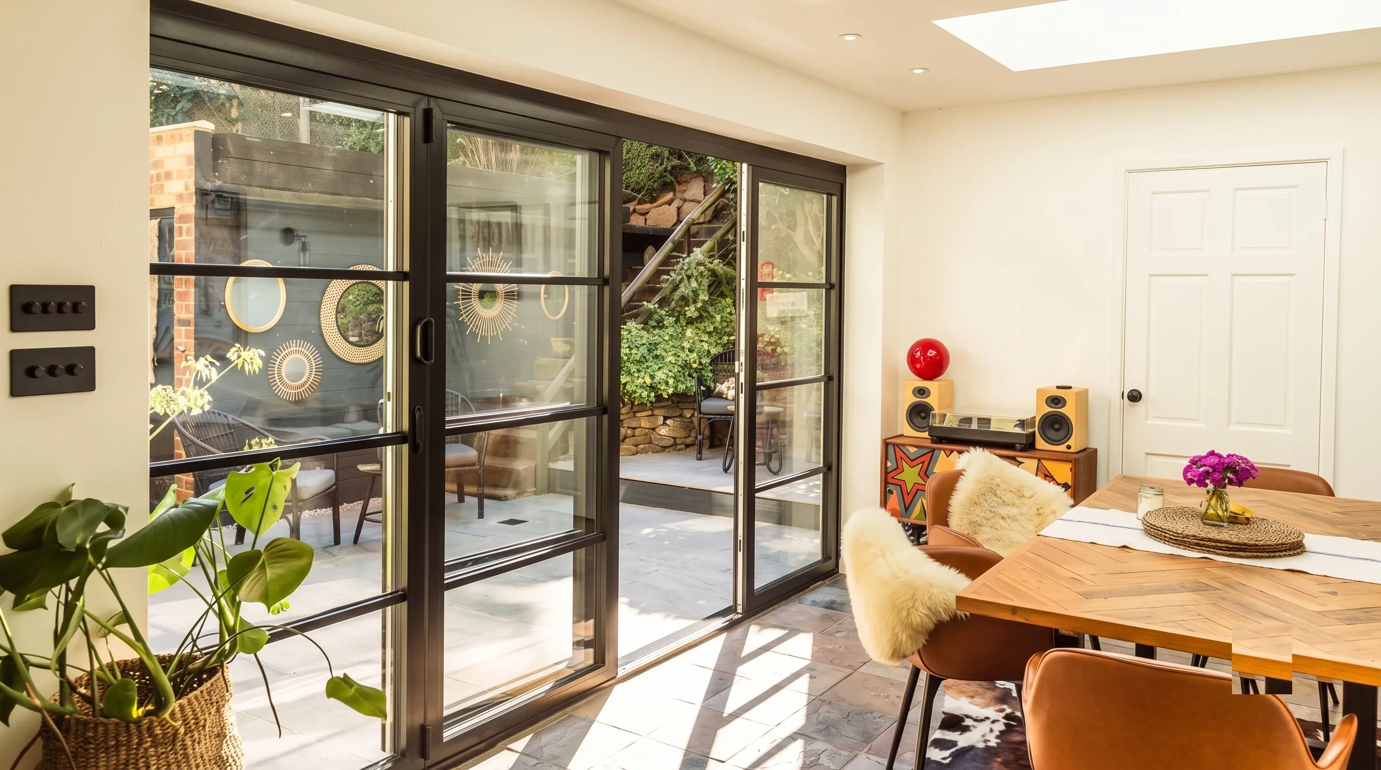 Aluminium crittall-style doors opening onto a garden, fitted by Windows Store Ltd
