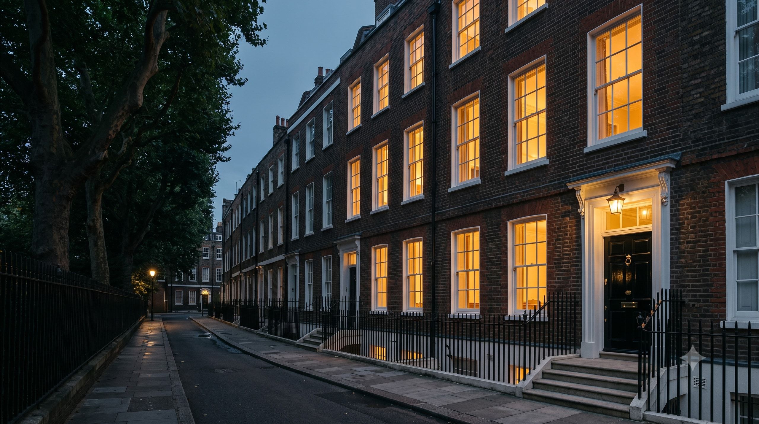 A London Georgian townhouse at dusk, its timber sash windows lit from within