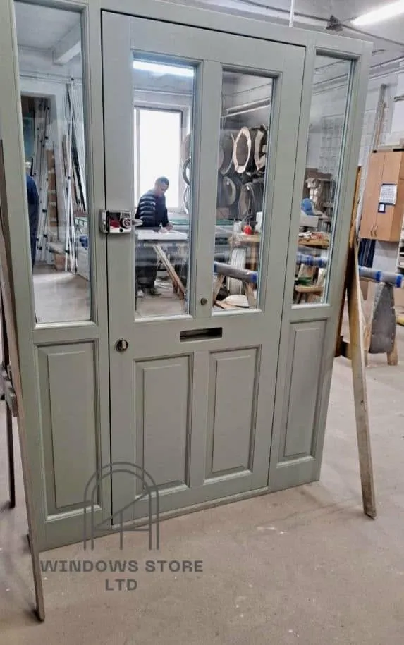 Timber front door with glazed panels and side lights