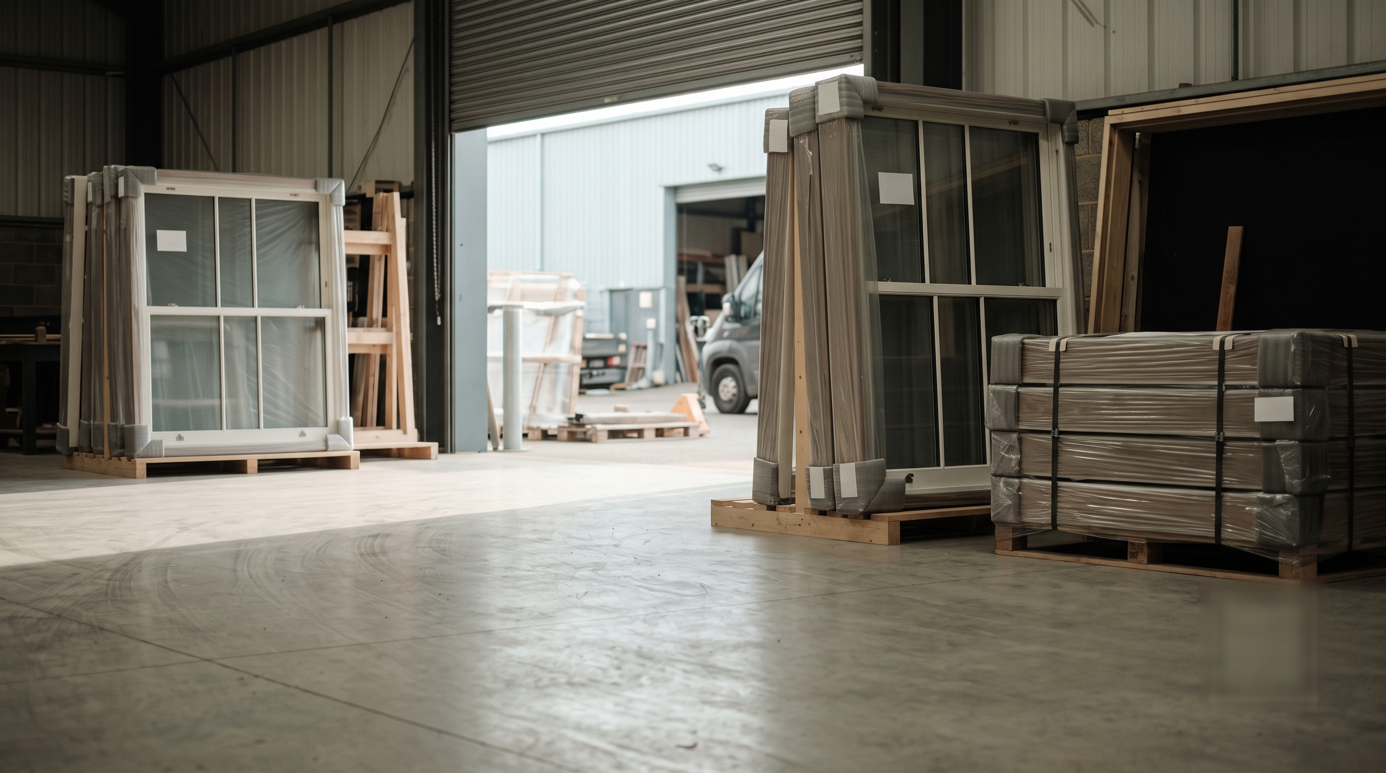 Newly made timber sash windows, wrapped and labelled on pallets, ready for delivery to site